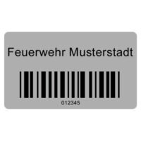 100 bedruckte Etiketten nach Ihren Vorgaben, Größe 25,4×12,7 mm Material: Polyester / Kleber: Extrem Permanent / Farbe: Silber.
